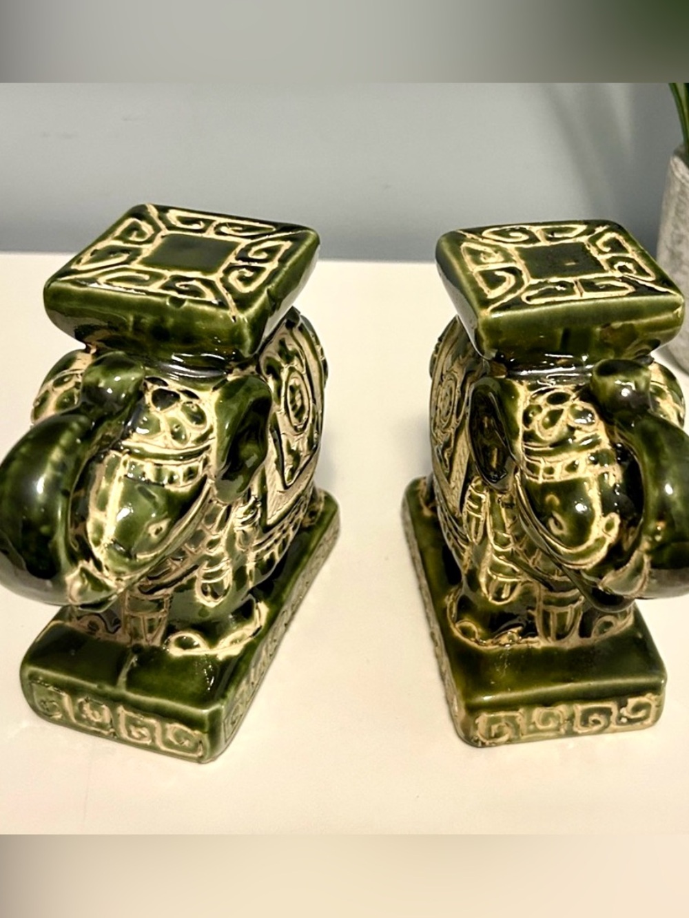 Vintage Green Ceramic Elephant Bookends Pair MCM Shelf Decor